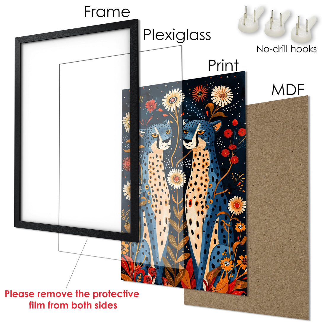 Framed Poster featuring cheetahs in a floral style, with a blue and orange color palette. Perfect wall art!