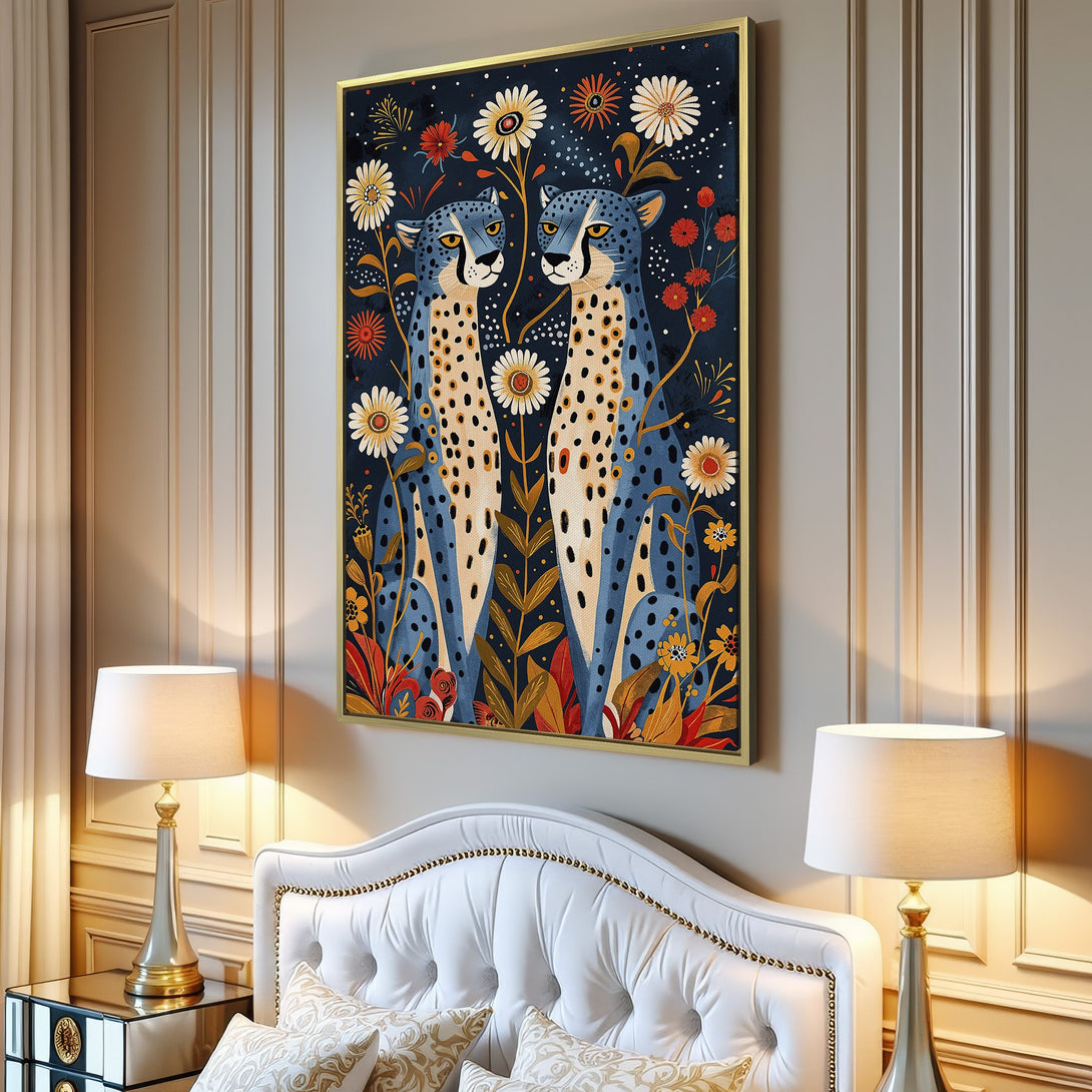 Canvas Print of stylized cheetahs with flowers, vibrant blue, yellow, and orange color palette, perfect for modern decor.