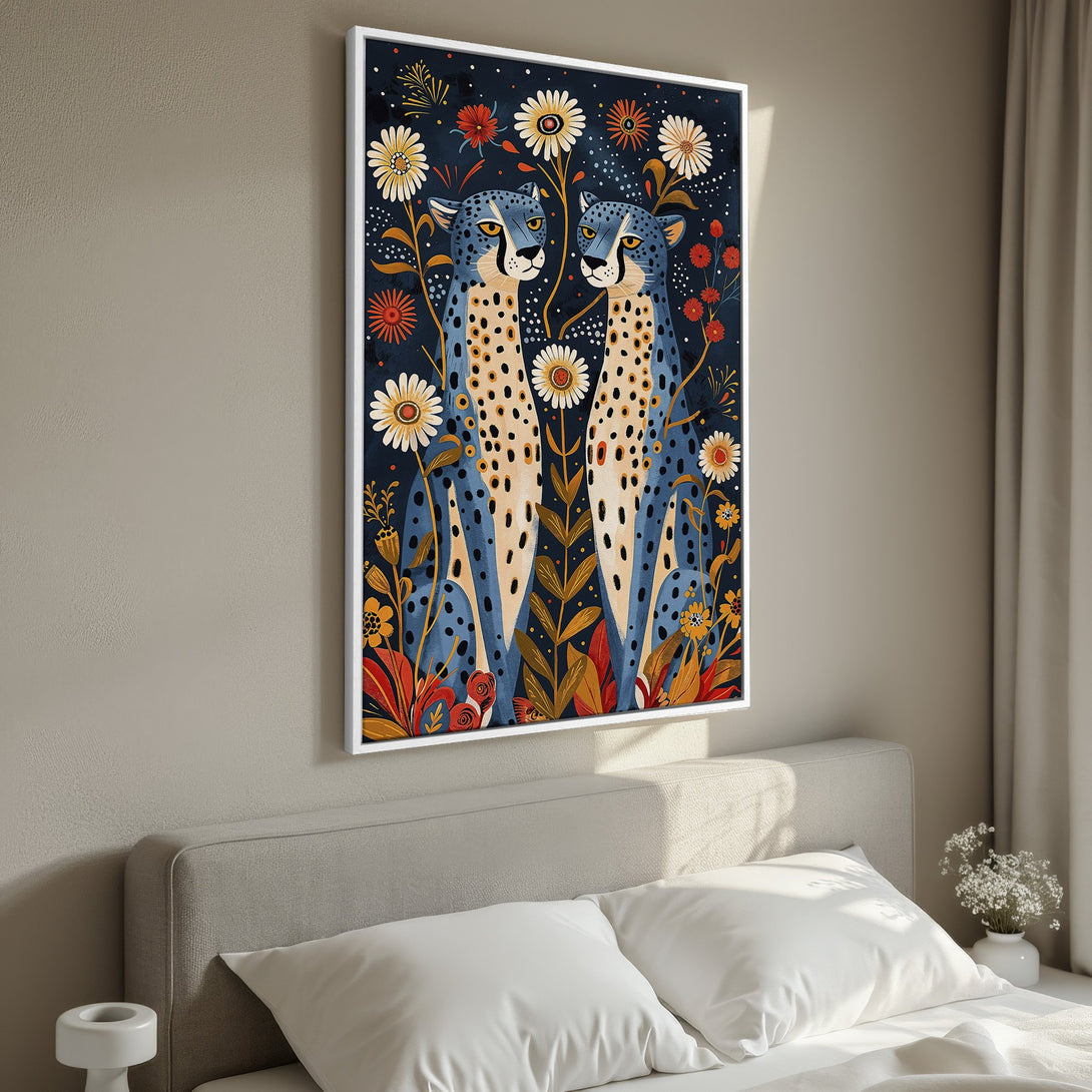 Framed Wall Art featuring stylized cheetahs in a floral design. Beautiful blue, orange, and yellow color palette. Perfect wall decor to brighten any room.