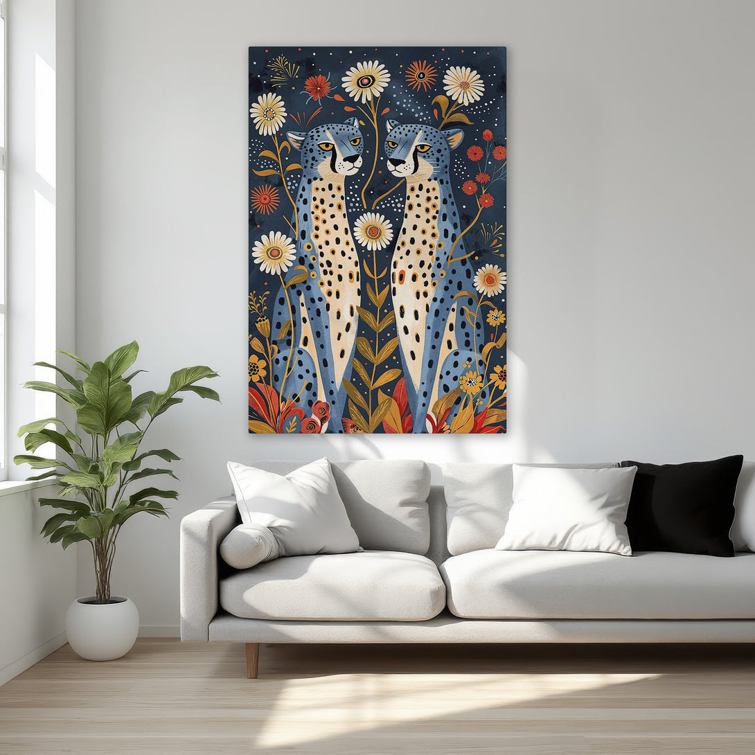 Framed Wall Art featuring two blue cheetahs amidst flowers. Modern botanical style with a dark blue, orange, and cream color palette. Perfect for bedroom decor.