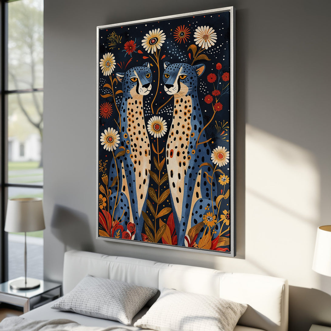 Framed Wall Art featuring blue cheetahs and floral design. Modern, colorful art print with a navy, orange, and yellow palette. Perfect for adding style to any space.
