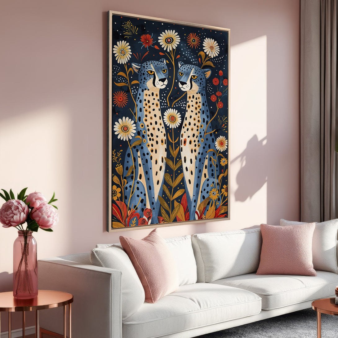 Framed Wall Art featuring blue cheetahs in a whimsical floral design. Modern art with a dark blue, orange, and cream color palette, perfect for home decor.