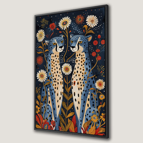 Framed Wall Art: Two cheetahs in a whimsical, floral design with a navy, blue, and orange color palette. Perfect for adding a touch of nature to your home.