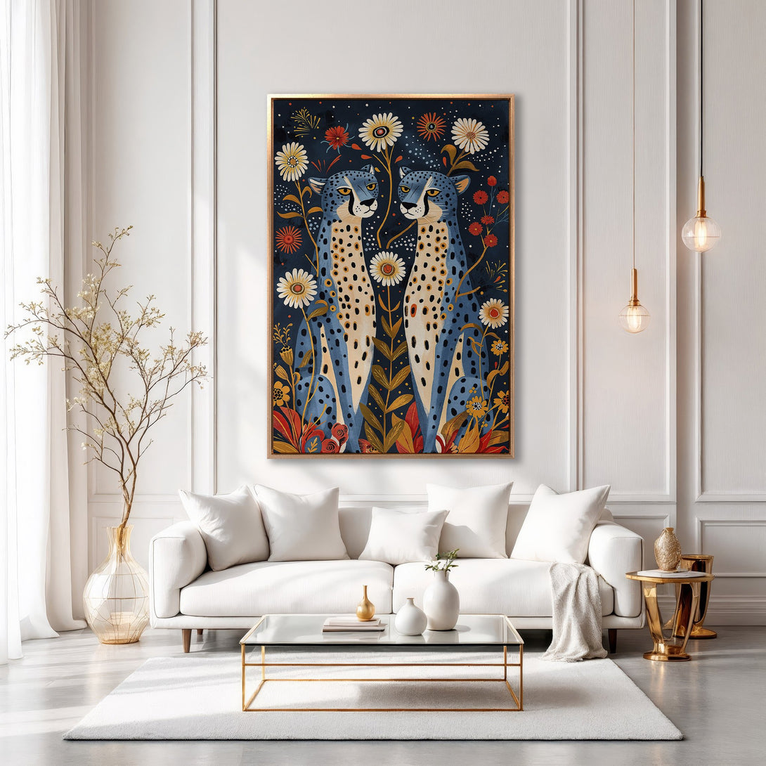 Framed Wall Art featuring stylized cheetahs in a floral design. Modern, colorful artwork with blue, gold, and red tones, perfect for living room decor.