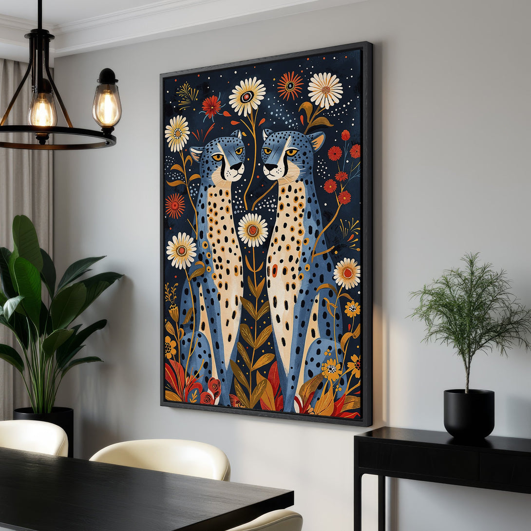 Framed Wall Art featuring a stylized cheetah design in a vibrant blue, orange, and yellow color palette. Perfect for adding a touch of modern art to your home.