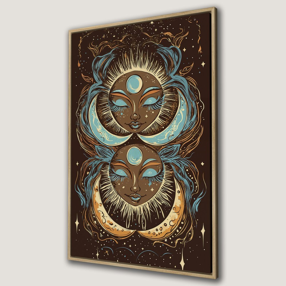 Framed Wall Art featuring a celestial sun and moon design in a vintage style with brown, blue, and gold tones. Perfect for boho decor!