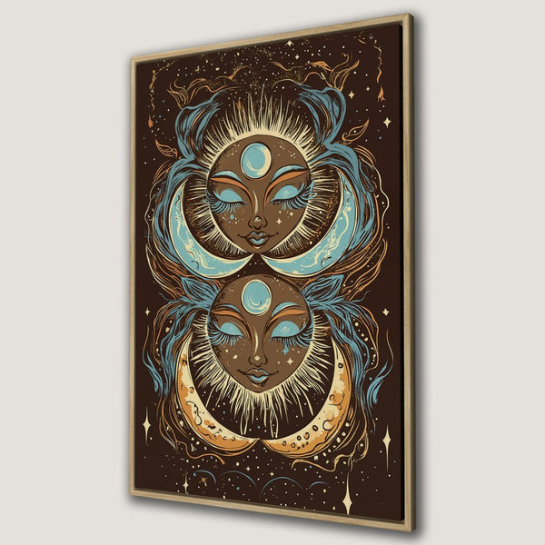 Framed Wall Art featuring a celestial sun and moon design in a vintage style with brown, blue, and gold tones. Perfect for boho decor!