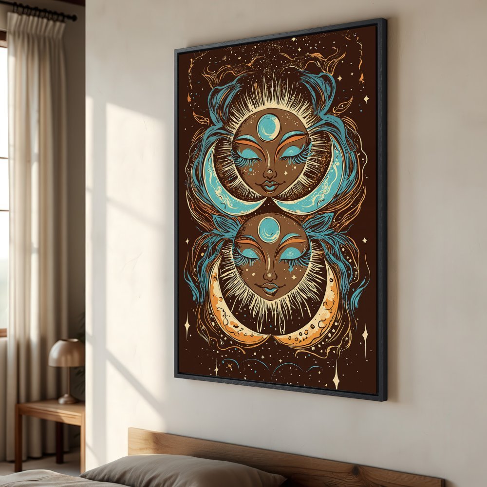 Framed Wall Art: Celestial goddess illustration in teal, brown, and gold tones. Add bohemian style to your space with this unique Canvas Print.
