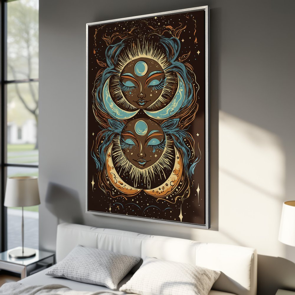 Framed Wall Art: Celestial goddess illustration in a vintage style. Features a brown, teal, and gold color palette. Perfect for boho decor!