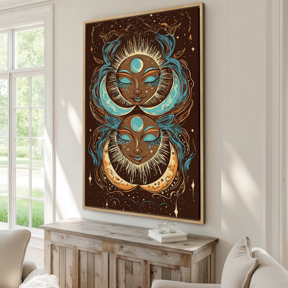 Framed Wall Art: Celestial goddess illustration in teal, brown, and gold. Boho style Canvas Print adds a touch of magic to any space.