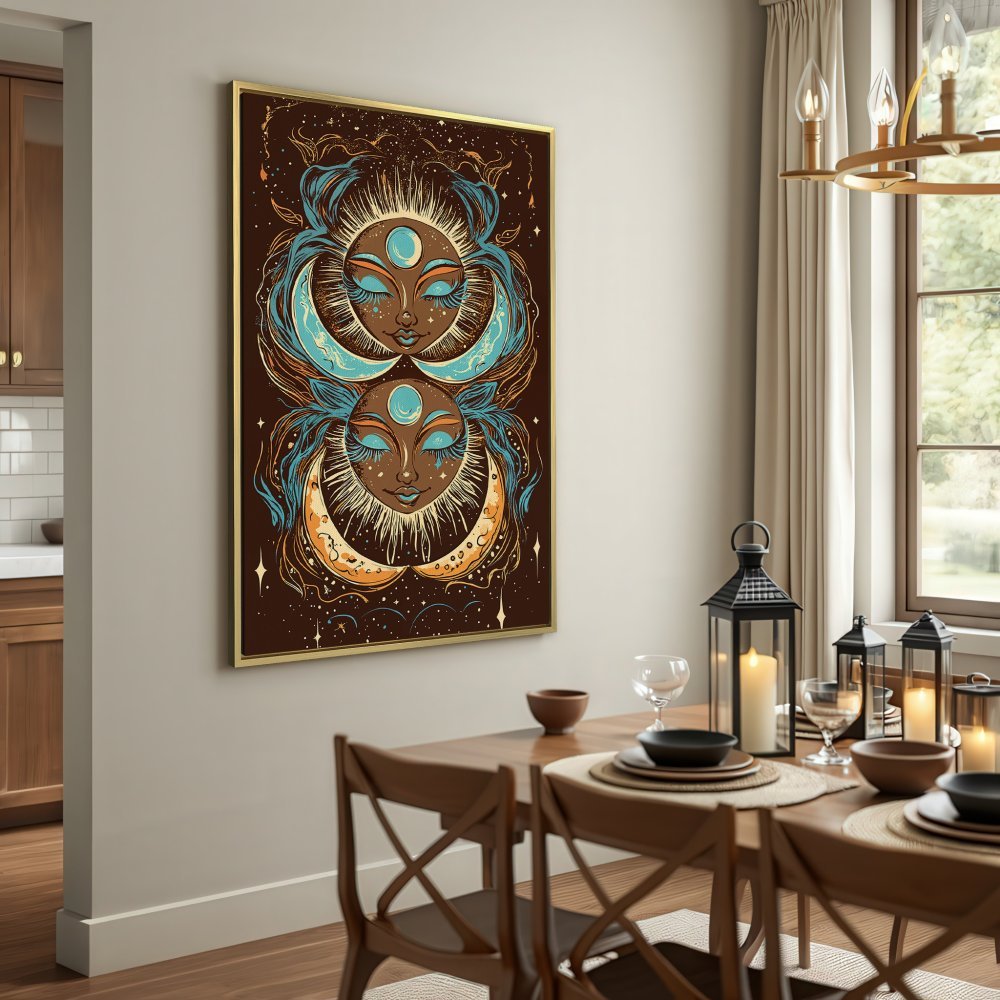 Canvas Print featuring a celestial goddess illustration in warm brown, teal, and gold tones. Perfect wall art for boho decor.