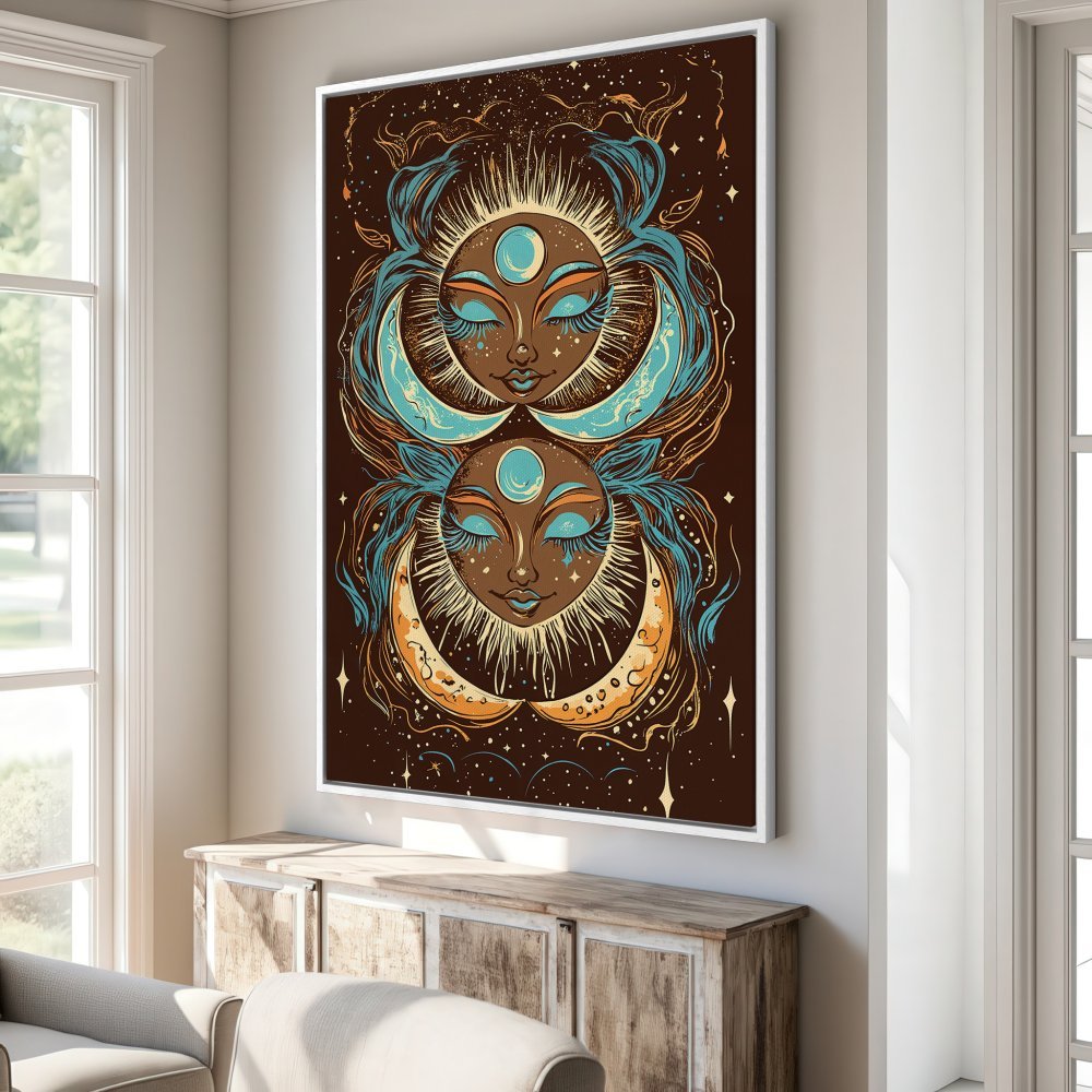 Framed Wall Art featuring a celestial goddess illustration in a warm brown, teal, and gold color palette. Perfect for adding bohemian style to your home!