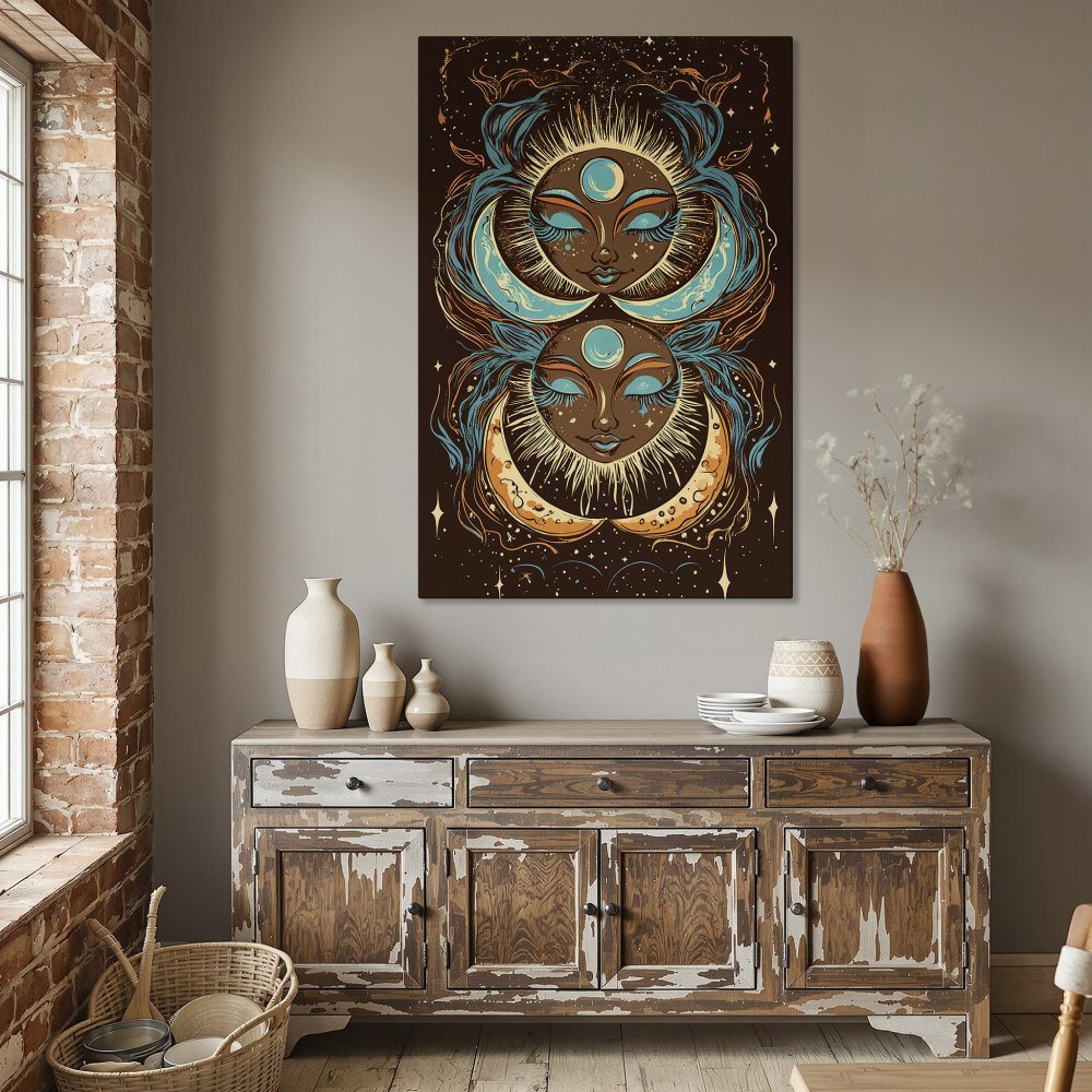 Framed Wall Art: Celestial sun and moon illustration in teal, orange, and brown. Boho style Canvas Print adds a touch of magic to any room.