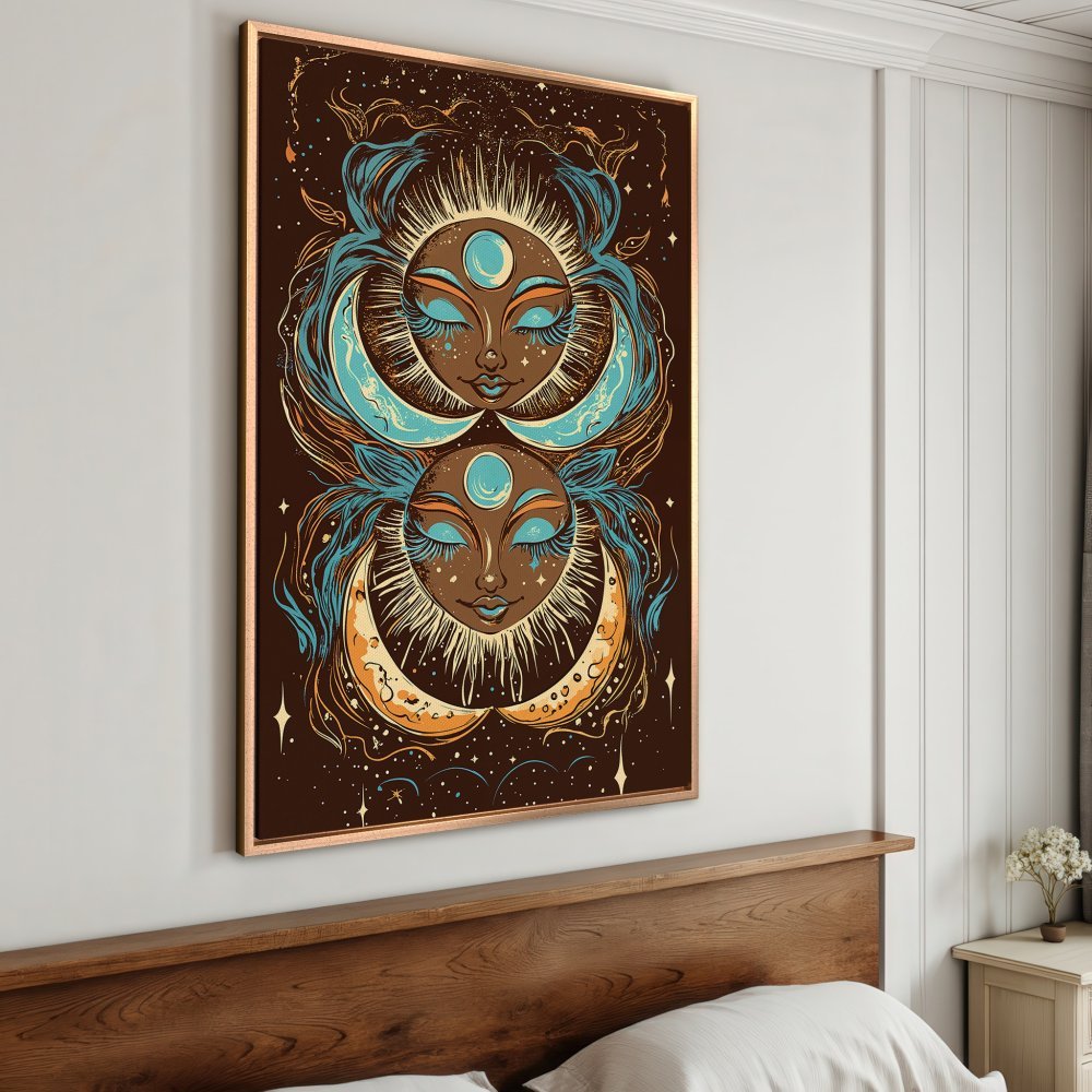 Framed Wall Art: Celestial illustration in teal, brown, and gold. Boho style Canvas Print featuring sun and moon faces, perfect for bedroom decor.