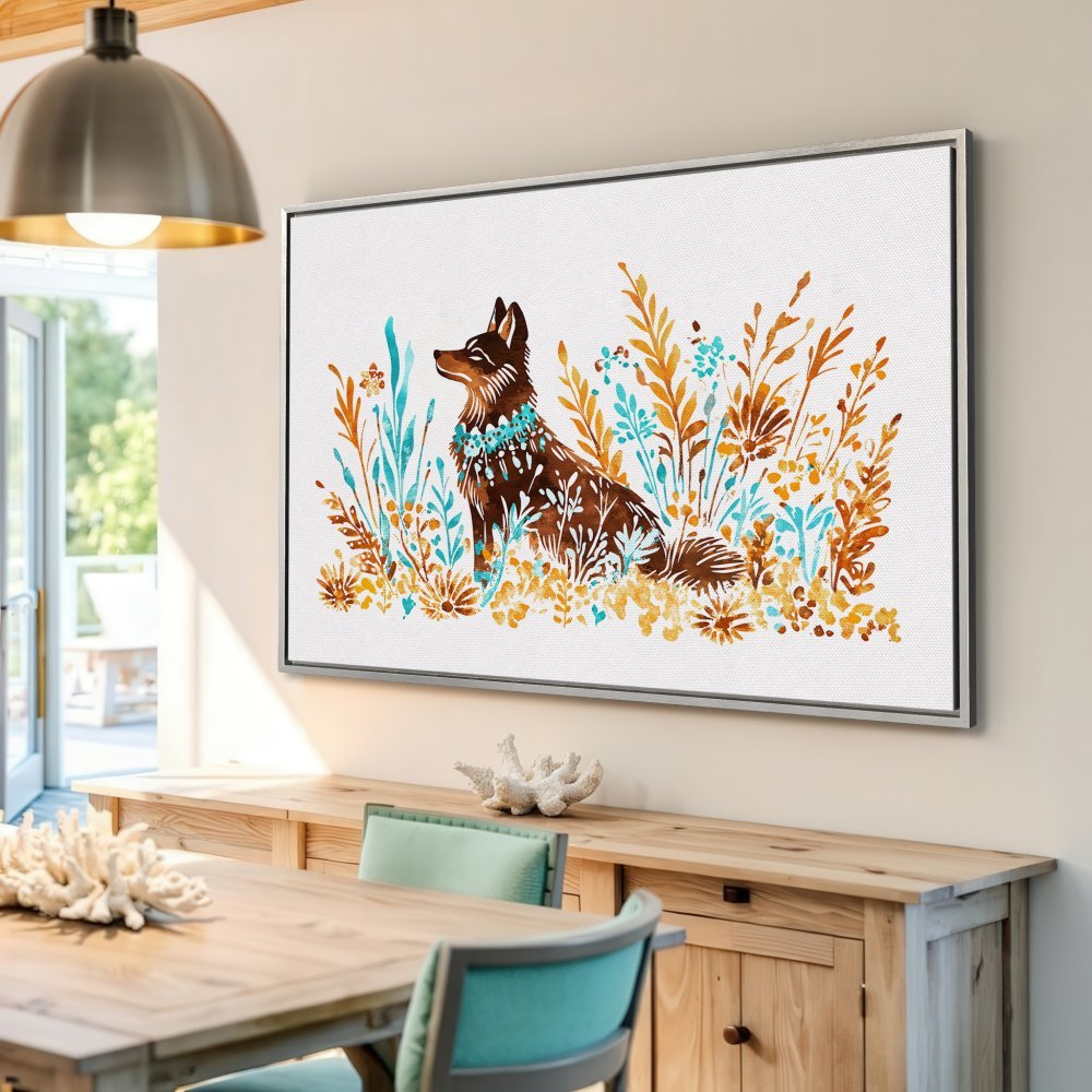 Framed Wall Art featuring a watercolor dog in a field of flowers. Earthy tones of brown, turquoise, and gold. Perfect for your home decor!