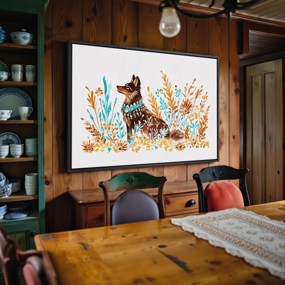 Framed Wall Art: Watercolor dog print in warm earth tones and teal. Perfect for rustic decor. Shop our Canvas Prints today!