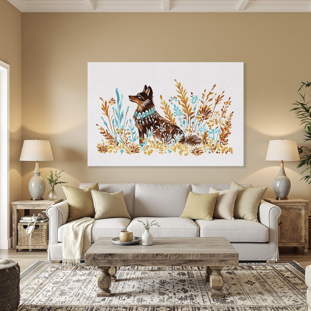 Framed Wall Art: Watercolor dog print in warm earth tones. Add a touch of nature to your home with this beautiful Canvas Print!