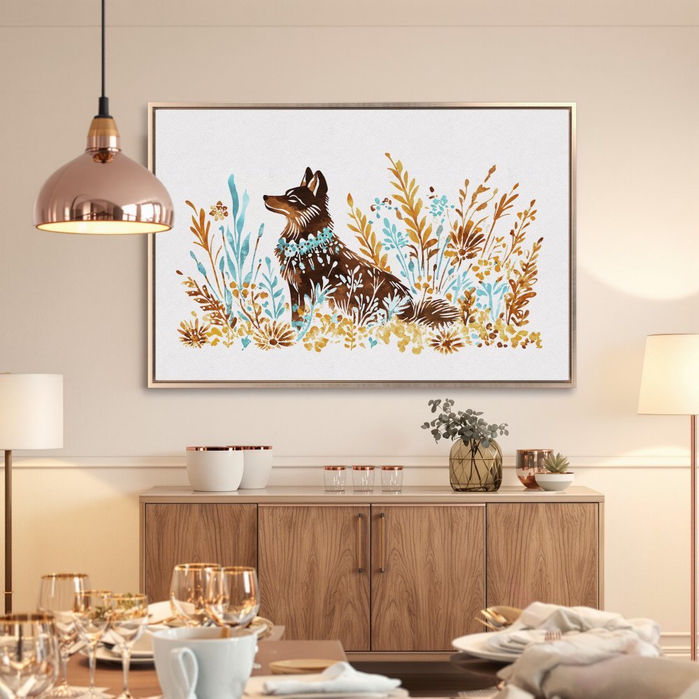Framed Wall Art: Watercolor dog print in warm earth tones. Enhance your home decor with this stylish canvas print!