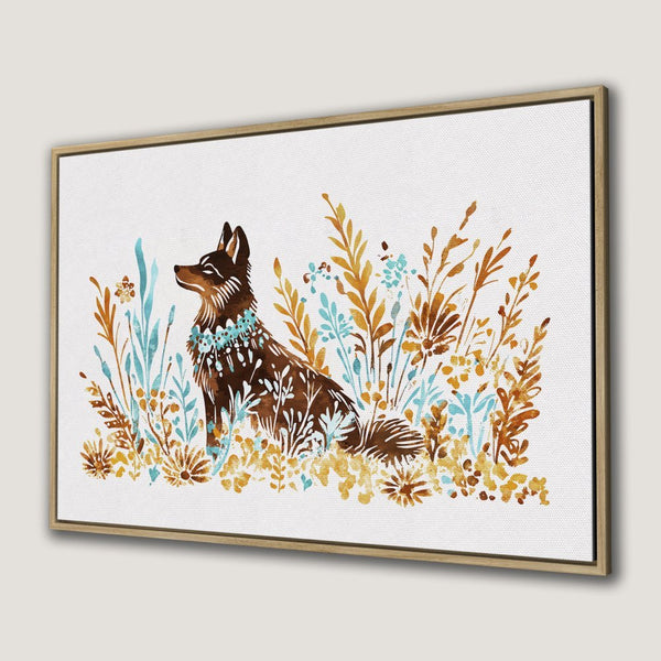 Canvas Print of a watercolor dog in a field, featuring a warm color palette of browns, blues, and golds.