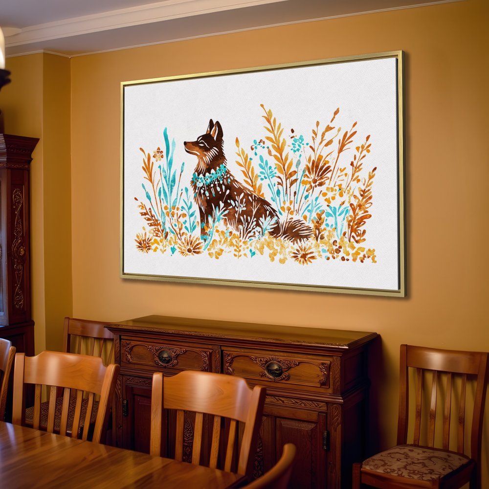 Canvas Print: Watercolor dog art in warm brown, blue, and gold tones. Perfect wall decor for a cozy living room.