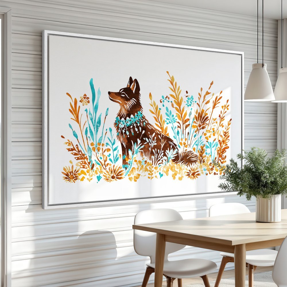 Watercolor Canvas Print of a dog in a field. Featuring a brown, teal, and gold color palette. Perfect for adding art to your home!
