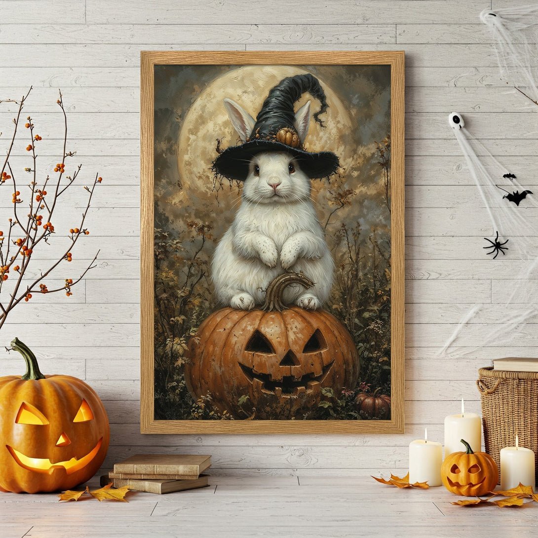 Framed Poster: Halloween bunny wearing a witch hat on a pumpkin, vintage style, warm autumnal colors. Perfect fall decor!