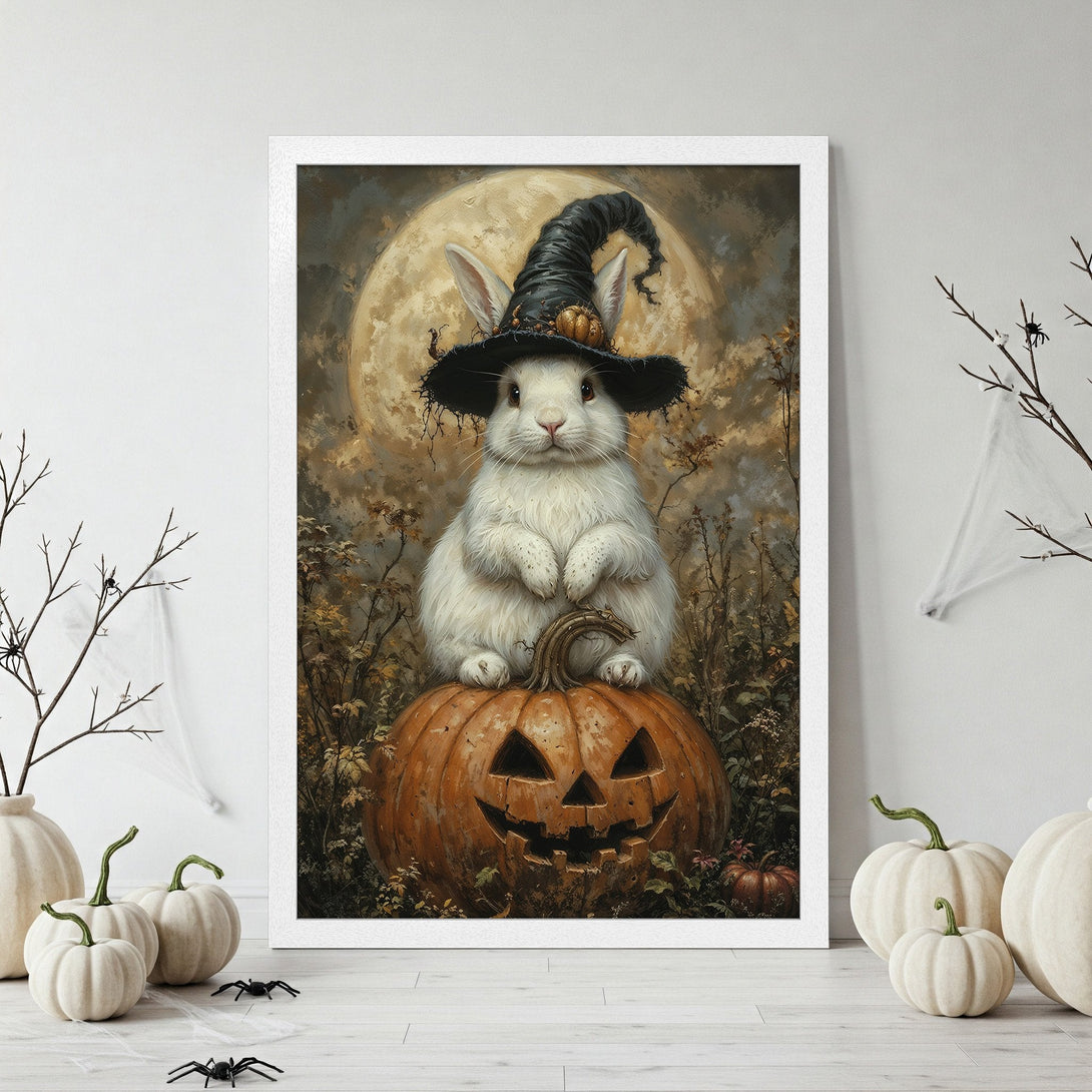 Framed Poster of a Halloween bunny wearing a witch hat, sitting on a carved pumpkin. Rustic style with warm, autumnal color palette. Perfect seasonal decor!