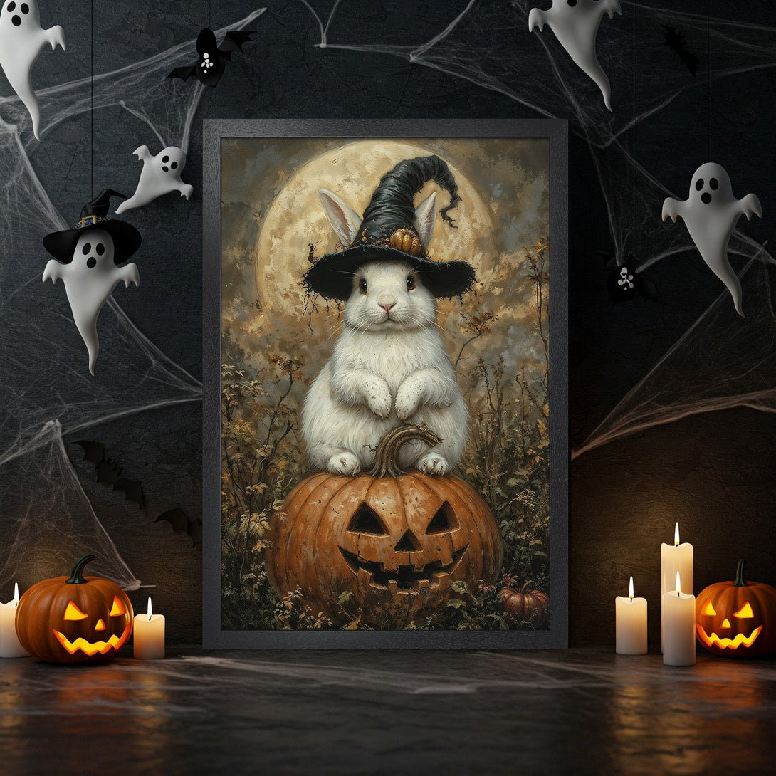 Framed Poster of a Halloween bunny on a pumpkin, whimsical art style, warm orange and beige tones. Perfect spooky decor!