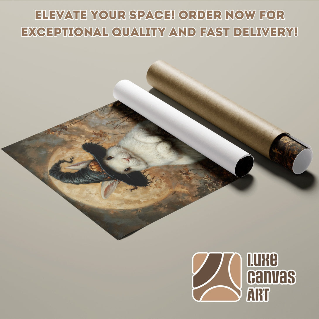 Poster Roll featuring a whimsical bunny in a witch hat, warm color palette, perfect for Halloween decor.