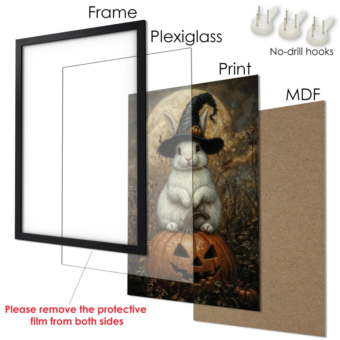 Framed Poster featuring a whimsical rabbit in a witch hat on a pumpkin, with a warm, autumnal color palette. Perfect Halloween decor!