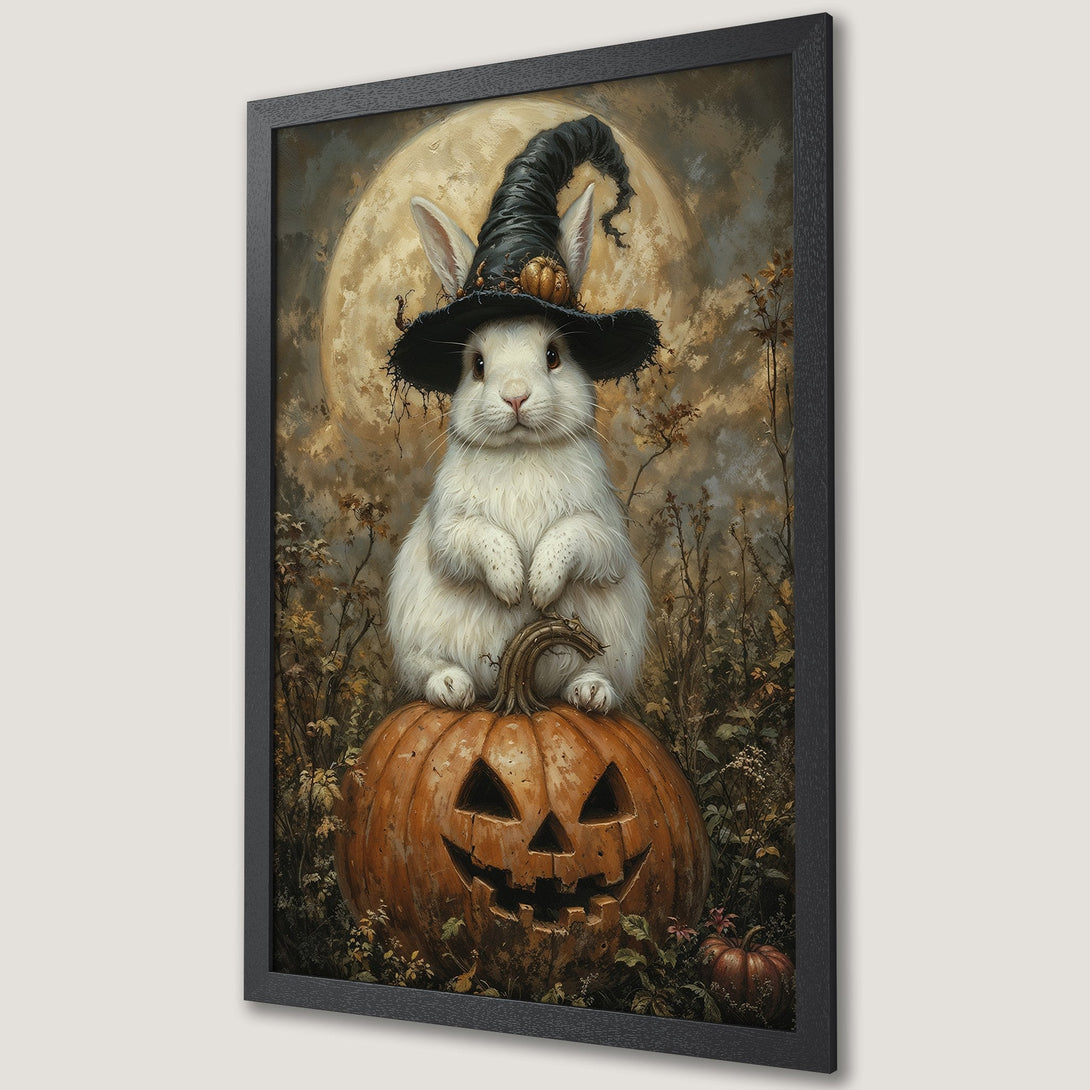 Framed Poster featuring a whimsical white rabbit in a witch hat on a jack-o'-lantern, in a vintage style with warm autumnal colors.