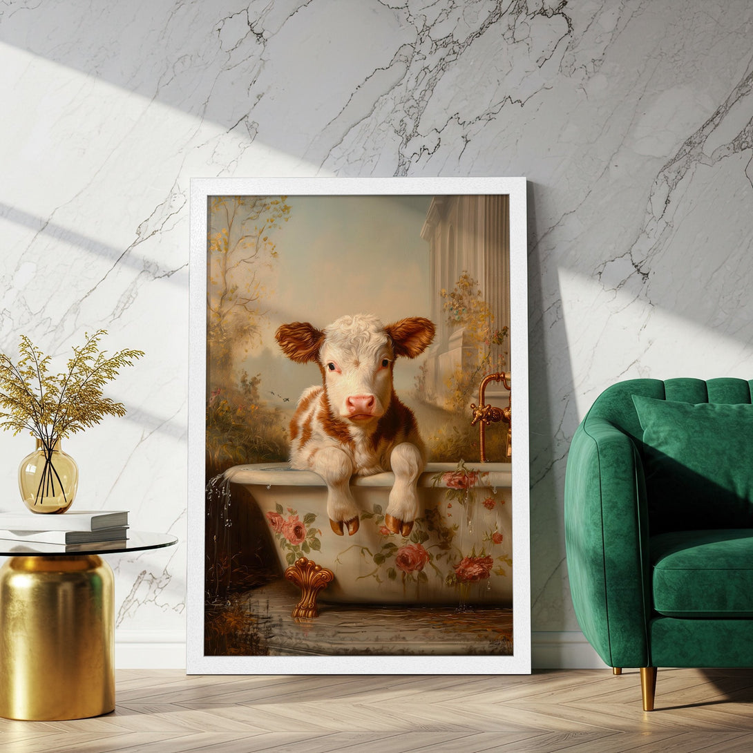 Framed Poster featuring a charming cow in a bathtub, classical style with a warm, earthy color palette. Perfect art for your home!