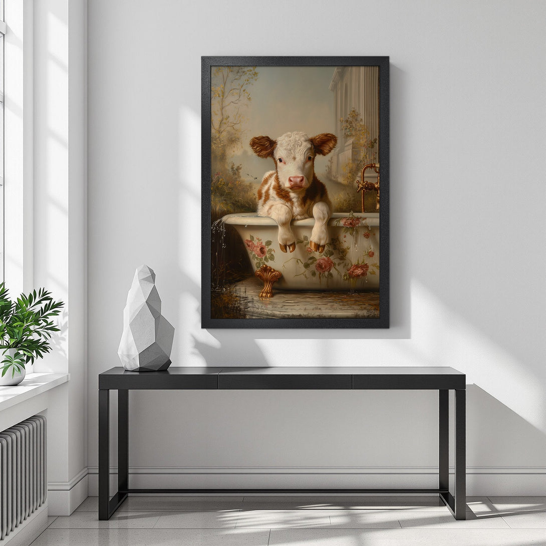 Framed Poster featuring a charming cow in a bathtub, vintage style with warm, earthy tones. Perfect wall art for any room!