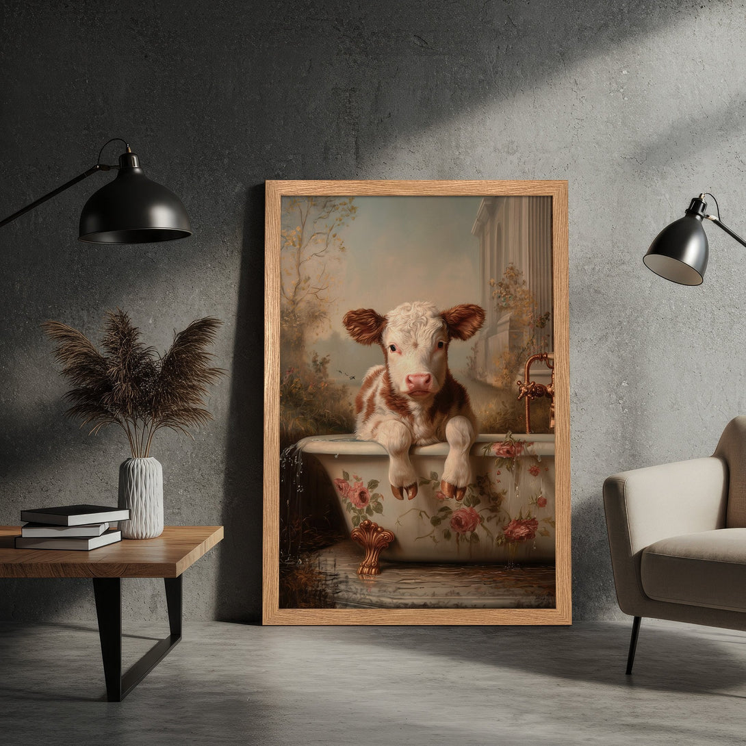 Framed Poster featuring a charming cow in a bathtub, vintage style with soft pastel colors. Perfect wall art!