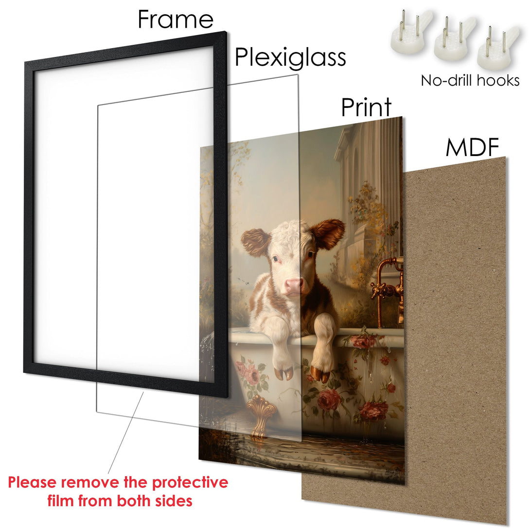 Framed Poster featuring a charming cow in a bathtub, vintage style, warm color palette. Add art to your space!