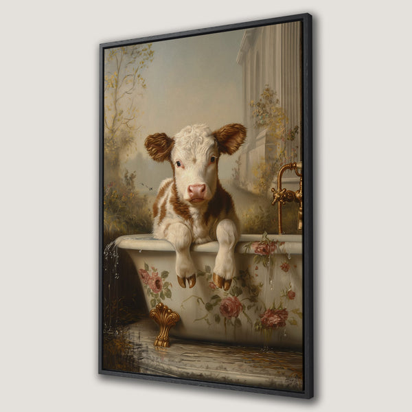Framed Wall Art: Whimsical cow in a vintage bathtub, elegant style with warm, muted tones. Perfect for adding a touch of charm to any space!