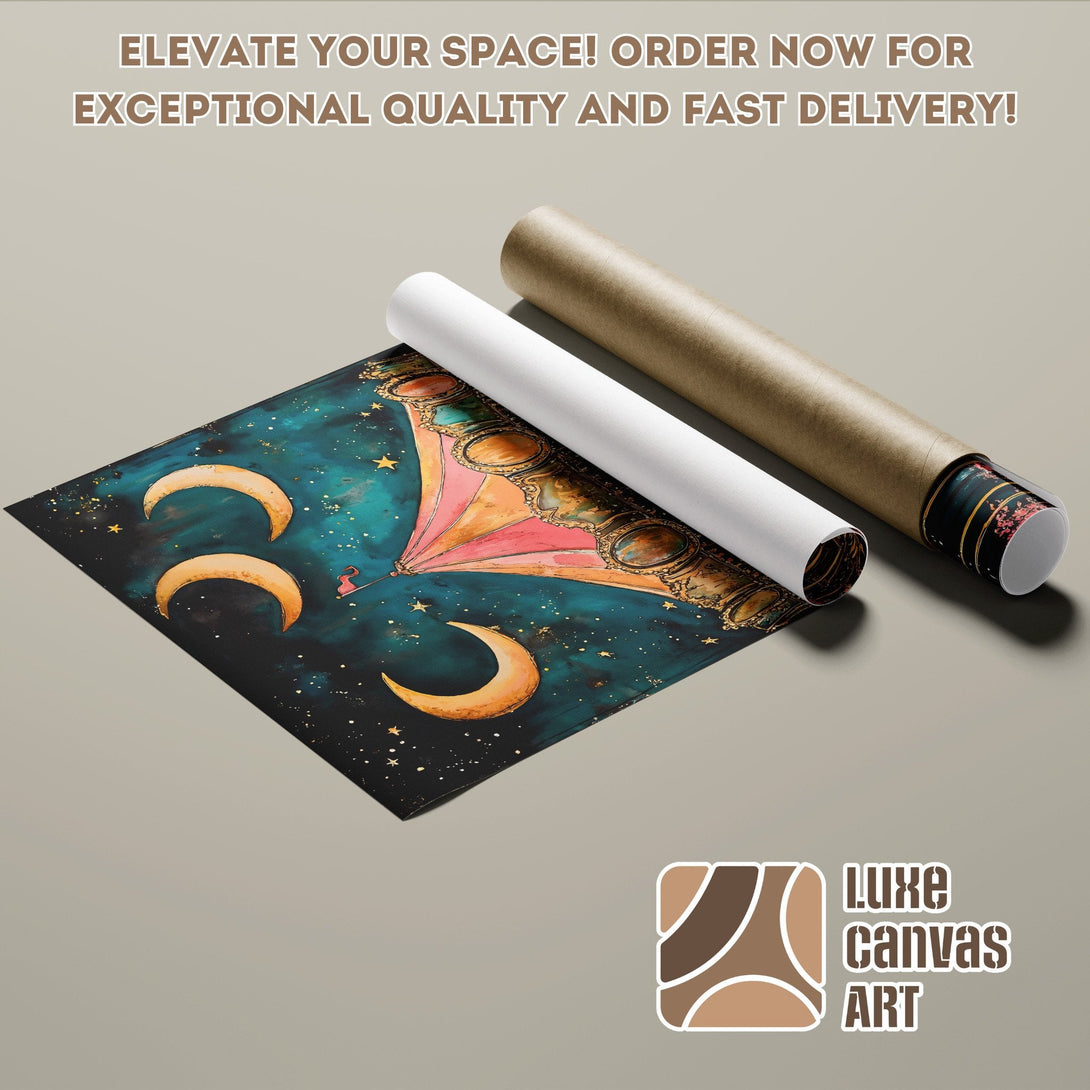 Whimsical Poster Roll featuring a night sky and crescent moons, with teal, orange, and gold tones. Order yours today!