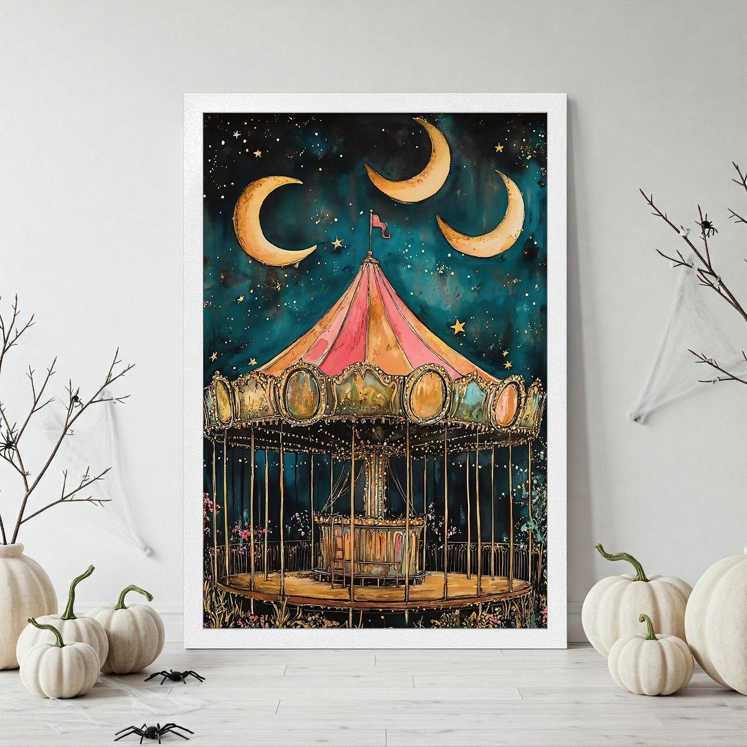 Framed Poster featuring a whimsical carousel under a starry night sky, with a teal and gold color palette. Perfect wall art!