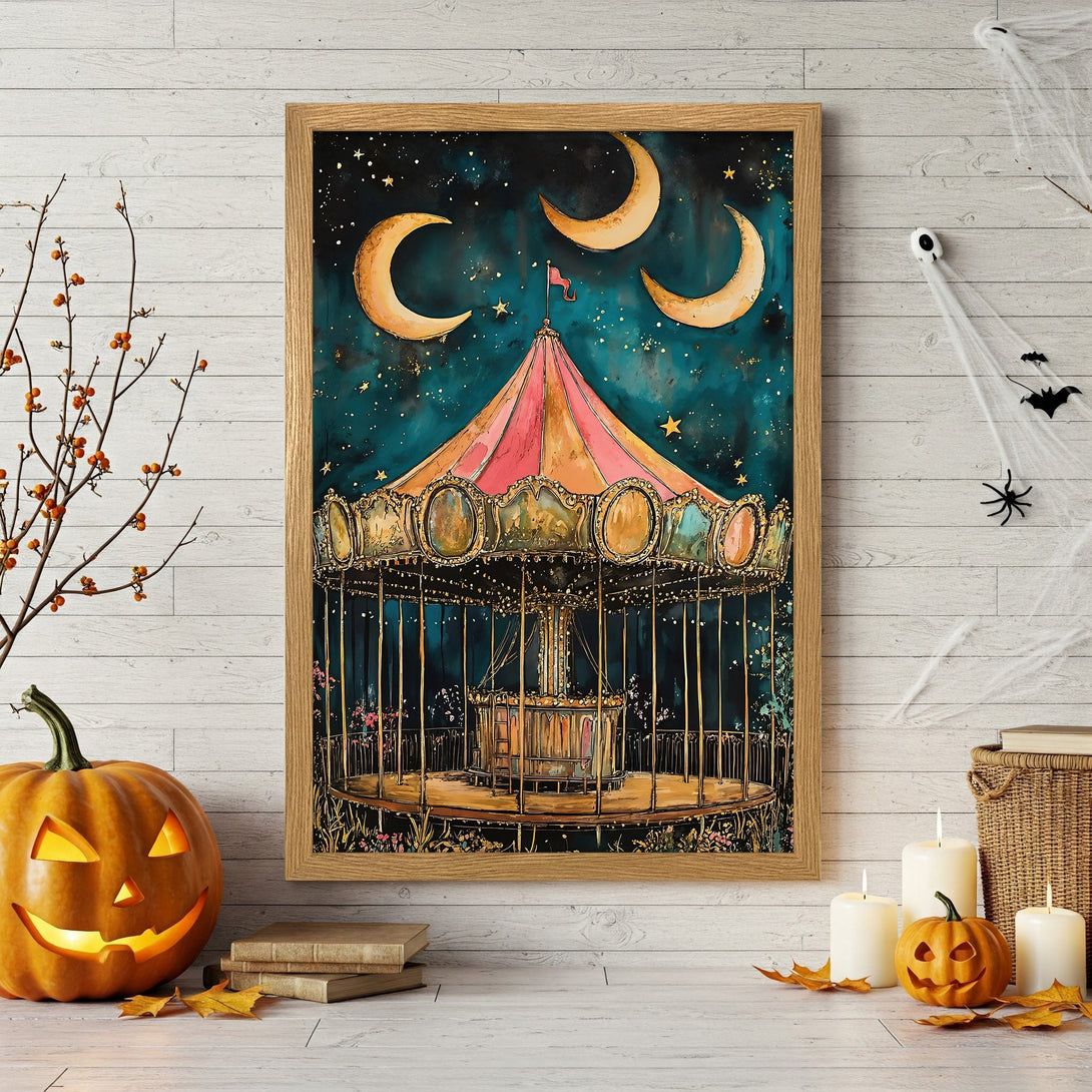 Framed Poster featuring a whimsical carousel under a starry night sky, with a teal and gold color palette. Perfect Halloween decor!