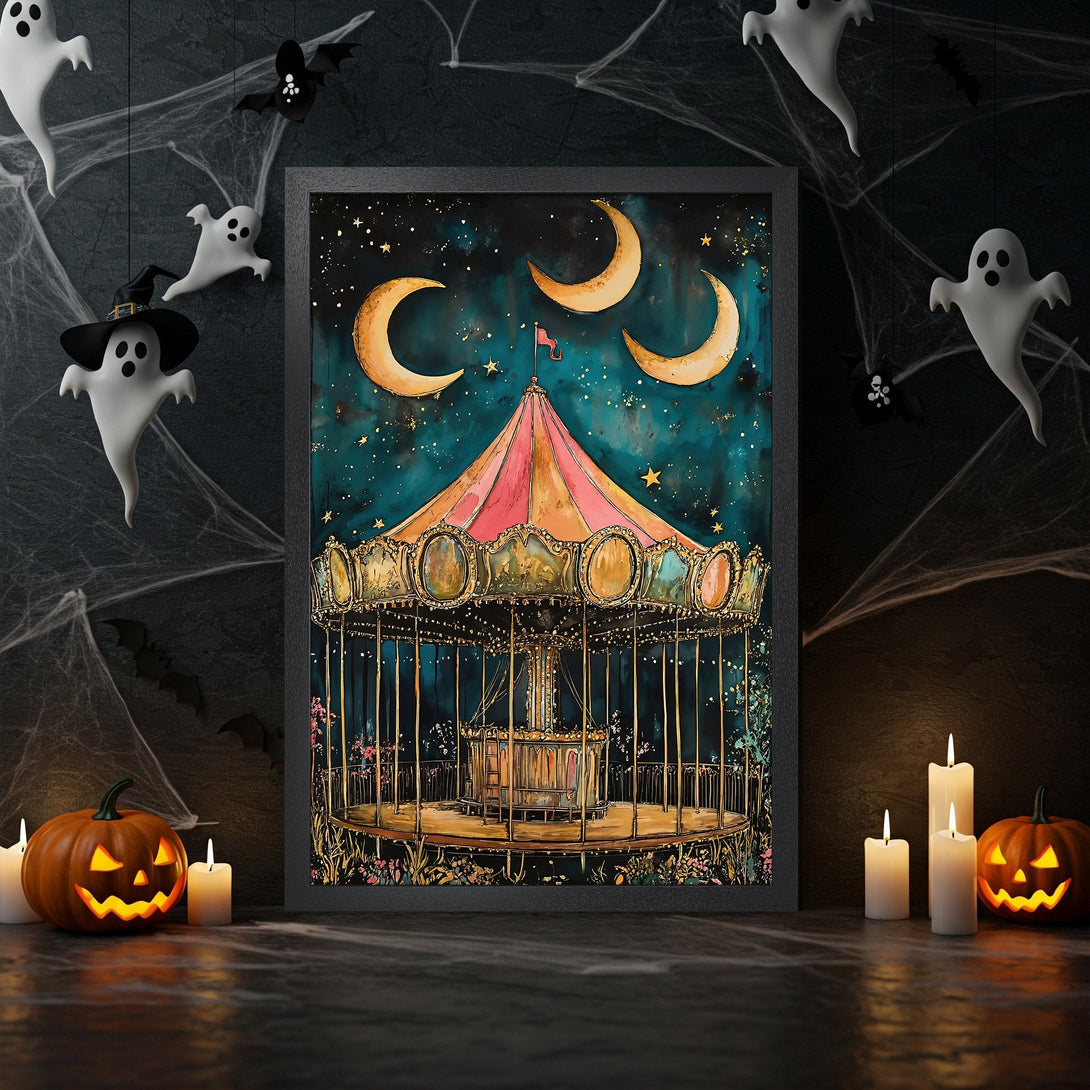 Framed Poster featuring a whimsical carousel illustration in a teal and gold color palette, perfect Halloween decor.