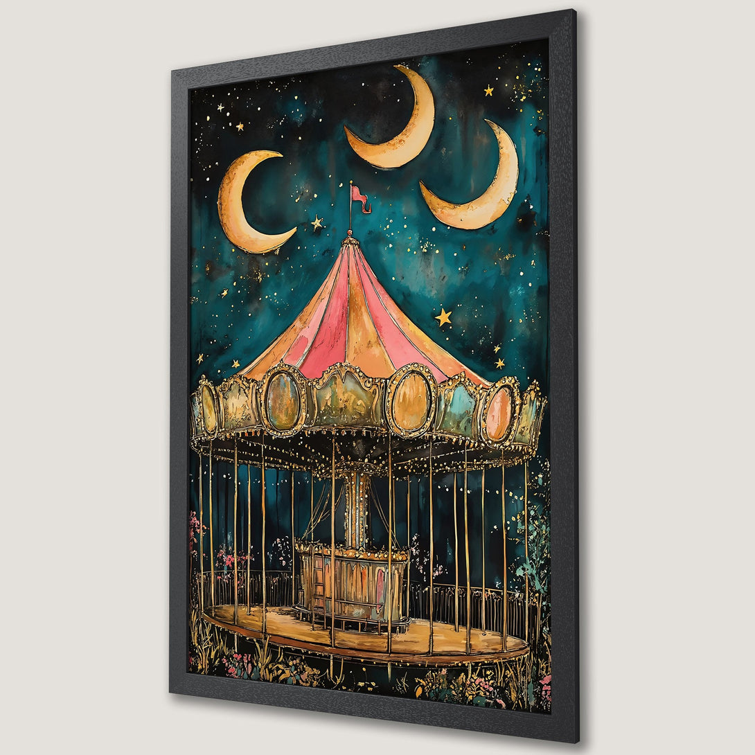 Framed Poster of a whimsical carousel under a starry night sky, watercolor style, with teal, gold, and pink hues. Perfect wall art!