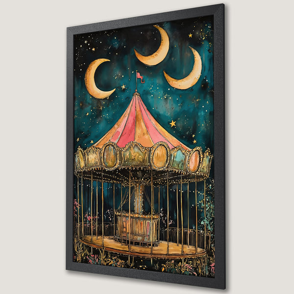 Framed Poster of a whimsical carousel under a starry night sky, watercolor style, with teal, gold, and pink hues. Perfect wall art!
