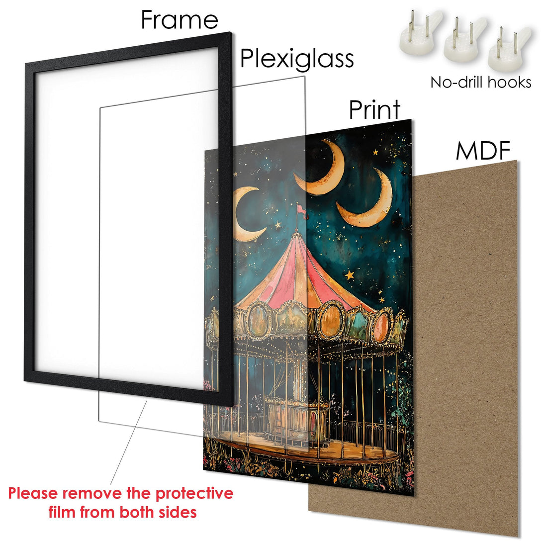 Framed Poster featuring a whimsical carousel design with a starry night sky. Rich teal, gold, and pink color palette. Perfect wall art!