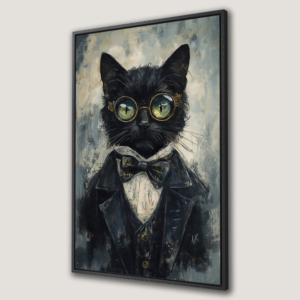 Framed Wall Art featuring a dapper black cat in a suit and glasses. Artistic, painterly style with a muted gray and black color palette. Perfect for cat lovers!