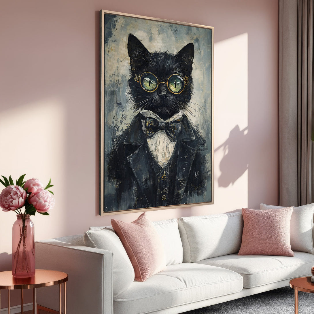 Framed Wall Art featuring a dapper cat in a suit. Stylish, vintage-inspired artwork with a black, gold, and neutral color palette. Perfect for adding personality!