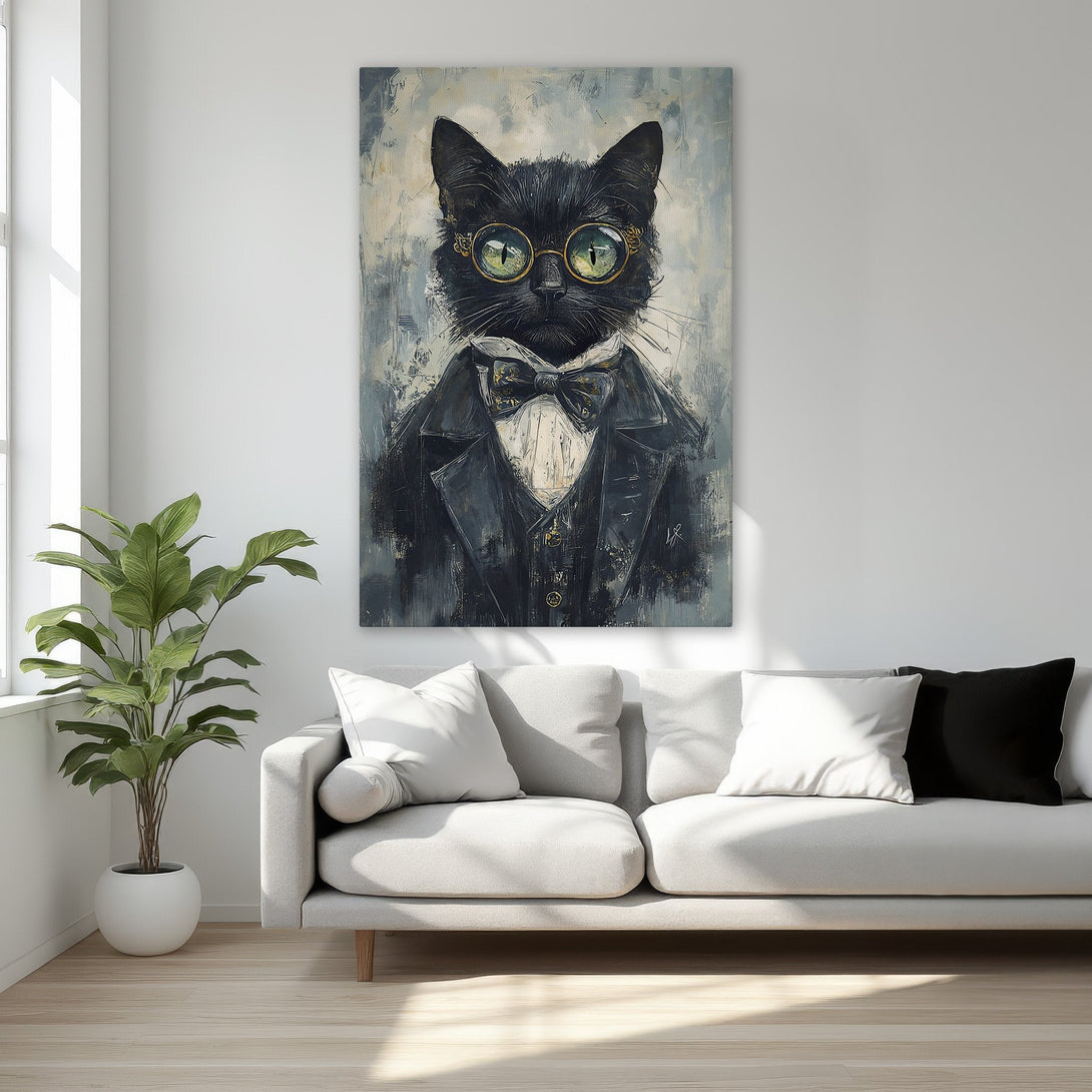 Framed Wall Art of a dapper cat in a suit and glasses. Stylish artwork with a cool, neutral color palette. Perfect for adding personality!