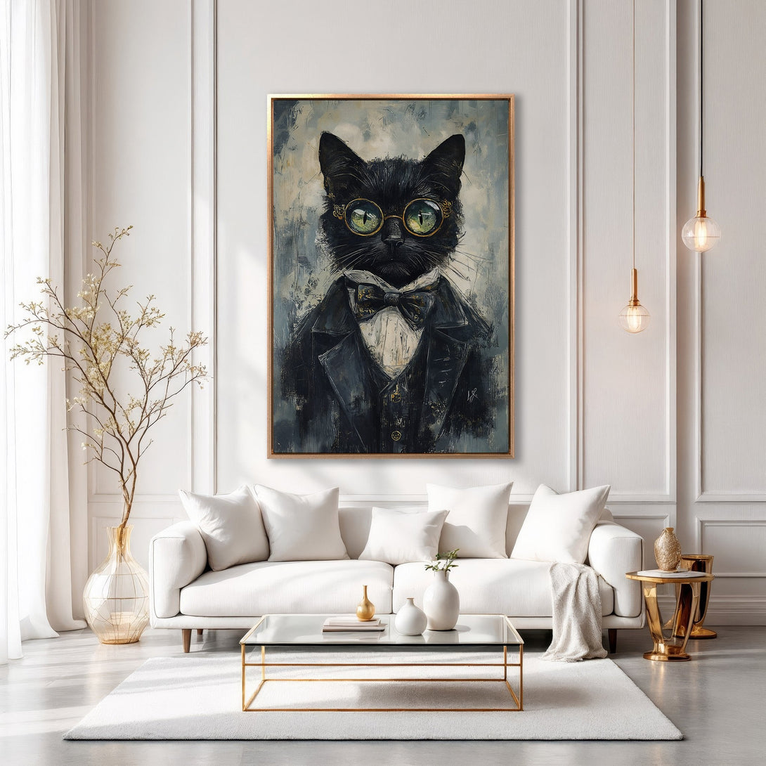 Framed Wall Art: Sophisticated black cat portrait in a tuxedo and glasses. Modern, abstract style with a cool, neutral color palette. Perfect for stylish home decor.