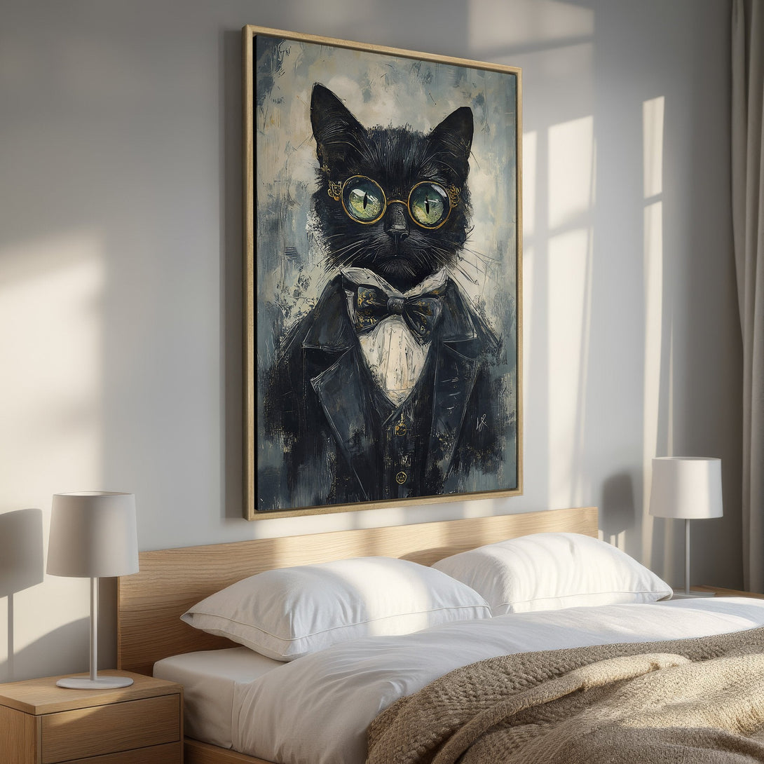 Framed Wall Art: Dapper cat portrait in black & gold, displayed in a bedroom. Modern style with a moody, cool color palette. Perfect for cat lovers!