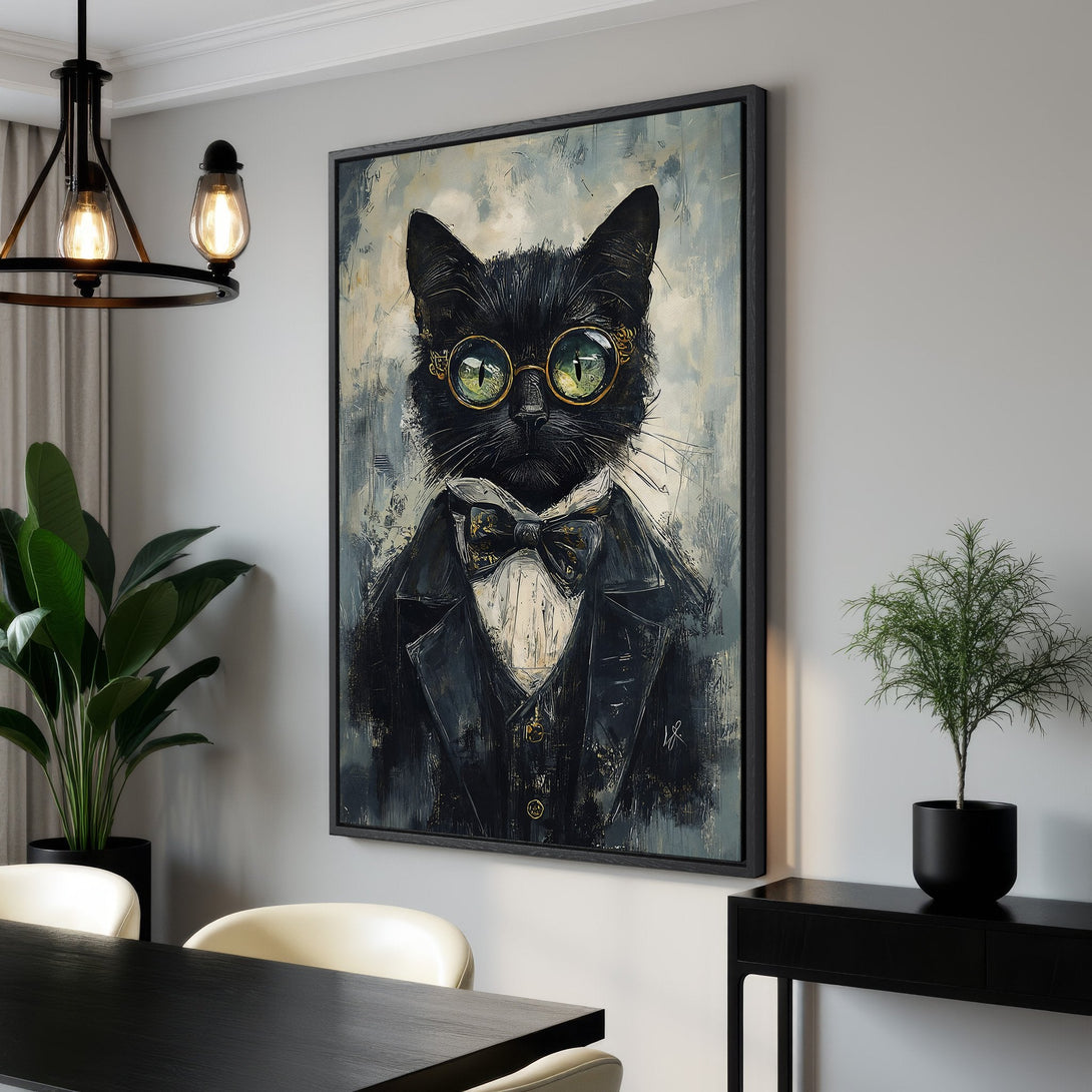Framed Wall Art: Dapper black cat portrait in a sophisticated, modern style. Features a cool gray and black color palette, perfect for any interior.