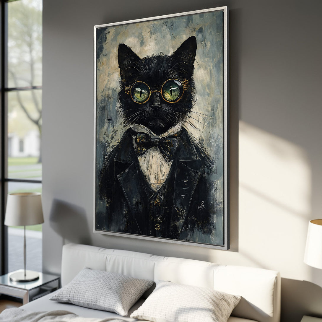 Framed Wall Art: Dapper cat portrait in a sophisticated style. Black cat wearing glasses and suit. Neutral gray and black color palette. Perfect home decor.